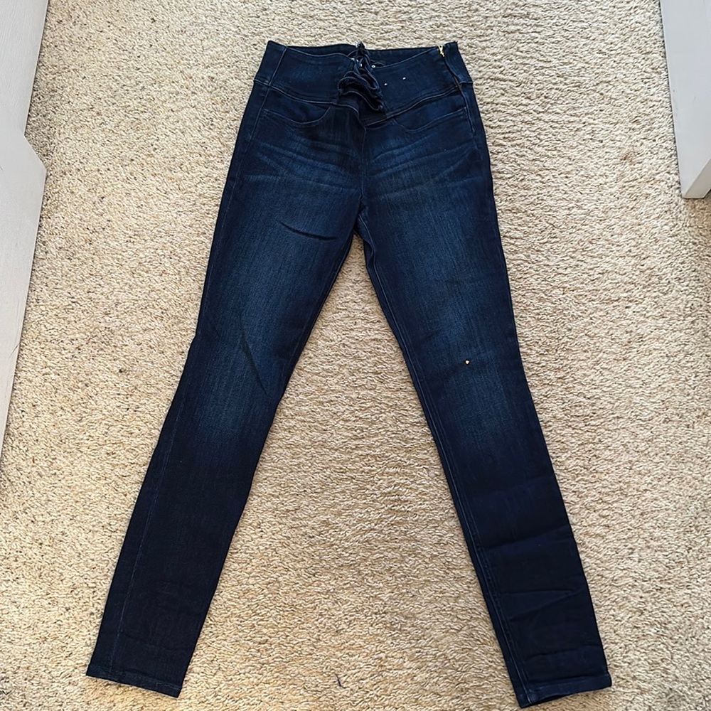 Dark denim side zip tie waist skinny jeans